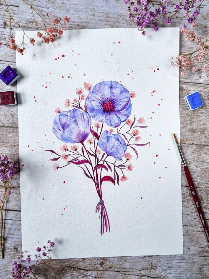 Bouquet aux pavots bleus mauves