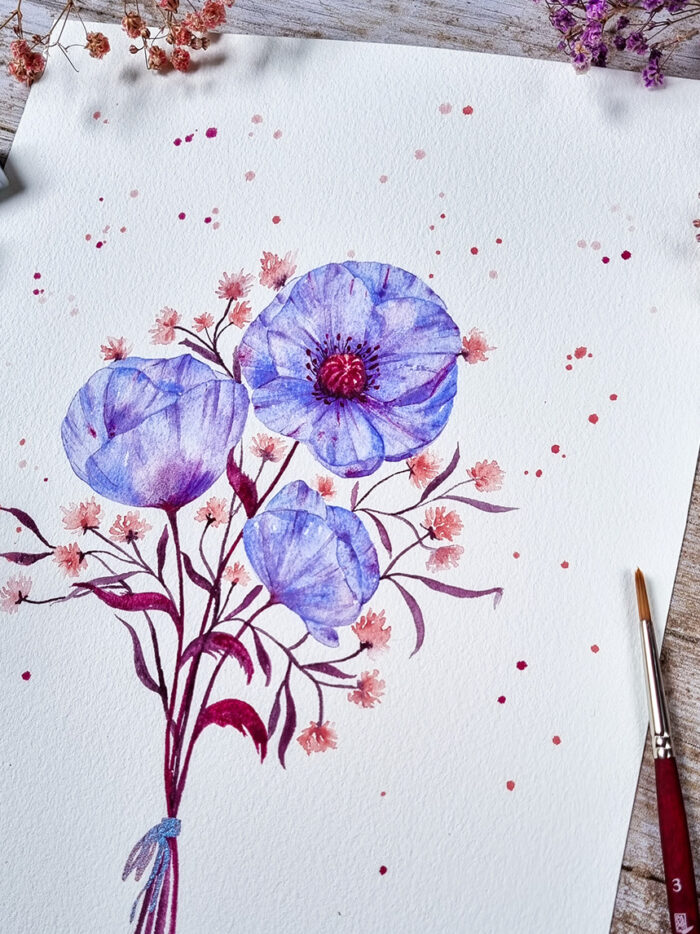 Bouquet aux pavots bleus mauves – Image 2