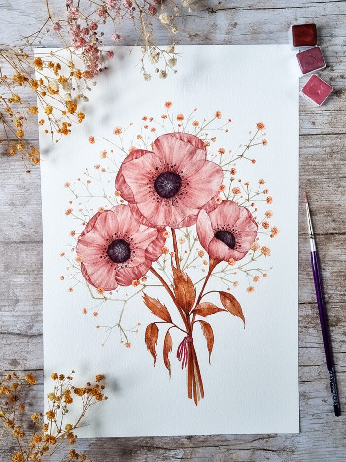 Bouquet aux pavots roses