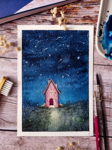 La petite maison aux vœux ✨️

Quelque part, au calme sous un ciel étoilé, se trouve une petite maison rose. Quand la nuit tombe, les lucioles s'éveillent et offrent leur plus beau spectacle. ✨️
Et si tu lèves les yeux, tu pourras sans doute apercevoir la danse des étoiles filantes dans le ciel d'encre. Il ne te restera qu'à formuler ton vœu avec le cœur et à profiter du reste de la nuit. 🥰

Voici le ciel étoilé réalisé à partir du tuto du livre de Laura @enjoylamome L'aquarelle en 30 minutes. Ciels. 🥰

Ce n'est pas évident de sortir de ses habitudes à l'aquarelle, et je pense que ça se voit sur ma réalisation, mais j'ai trouvé l'exercice très intéressant et vraiment très bien pour apprendre à gérer l'eau et les pigments. 👌🏻

Je ne peux que te recommander les livres de Laura, adaptés pour une pratique débutante comme intermédiaire (j'en suis la preuve 🤭).

N'oublie pas de faire un vœu la prochaine fois que tu regarderas le ciel et ses étoiles. 🫶🏻✨️

✨️ papier grain fin Watercolour @hahnemuehle_global
✨️ aquarelles @danielsmithartistsmaterials et @atelier.couleurs.grenadine 

#illustratricefrançaise #watercolourart #aquarellefrance