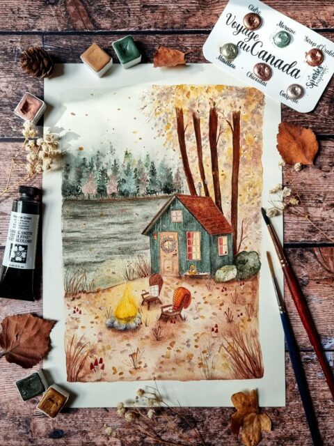 Cabane au bord du lac 🍁🤎

Une petite cabane cosy, un lac paisible et deux sièges devant un feu qui rechauffe les mains et les cœurs. 🤎 ça te dit ? 🤗

J'avais cette illustration dans un coin de ma tête depuis un bon moment, sans savoir quelle ambiance j'allais lui donner. 
Et quand j'ai découvert la palette d'aquarelles pailletées Voyage au Canada* de @sparks.aquarelle, tout est devenu très clair ! 🥰✨️ 

Une palette de couleurs douce et apaisante avec ses teintes boisées qu'on aime tant. Idéal pour peindre l'automne et la nature. 🤎🧡
N'hésite pas à regarder les photos pour voir la magie de ces paillettes 😍 Coup de cœur pour le brun chaud Sirop d'érable et le brun rosé Chicoutai ! 🥰

J'irais bien me réfugier dans cette cabane quelques jours avec juste des livres et de quoi dessiner. 🥰

J'espère que cette illustration à l'aquarelle te plaira autant que j'ai aimé la peindre. 🫶🏻🤎

🤎 papier grain satiné blanc naturel Saunders Waterford @st.cuthberts.mill 
🤎 aquarelles mat @danielsmithartistsmaterials et @atelier.couleurs.grenadine 
🤎 aquarelles pailletées collection Voyage au Canada @sparks.aquarelle

#illustratricefrançaise #aquarellecosy 
*échantillons offerts.