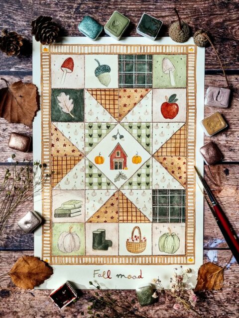 Patchwork d'automne 🍂✨️

J'avais envie de créer un motif patchwork d'automne à l'aquarelle comme je l'avais fait pour Noël l'année précédente. 🥰

J'ai hésité à travailler avec une palette remplie de nuances de rouges et de oranges, mais comme tu le sais, j'aime bien peindre l'automne avec d'autres lumières. 😏

Parce que c'est comme cela que je perçois l'automne, avec des couleurs douces, réconfortantes, rehaussées de couleurs plus vibrantes. Et un soupçon de paillettes, parce que c'est une saison magique ! 🤭🥰

J'espère t'embarquer avec moi dans ma vision de l'automne. 🍂🫶🏻

Cette illustration fait partie de la collection de fin d'année qui sortira en novembre. 🤫🤎

🍂 papier grain satiné blanc naturel Saunders Waterford @st.cuthberts.mill 
🍂 aquarelles @danielsmithartistsmaterials @atelier.couleurs.grenadine @jardindaquarelles et @sparks.aquarelle pour les paillettes (palettes Voyage au Canada)

#illustratricefrançaise #illustrationcosy #fallvibes