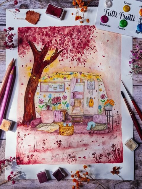 Vie de bohème 🩷✨️

Un moment doux et paisible, au calme, à vivre seul.e ou à deux. Quelques coussins, des livres et le chant des oiseaux le jour ; les étoiles à l'infini et la quiétude la nuit. 🤗🥰

J'avais envie d'une illustration à l'aquarelle toute douce pour marquer la fin de cet été !
Il a été long, difficile pour beaucoup d'entre nous, mais j'ai toujours envie de croire que tout peut bien se terminer. 💛

C'était aussi l'occasion de te montrer la palette* Tutti Frutti de @sparks.aquarelle, des couleurs joyeuses et lumineuses qui permettent de prolonger un peu l'été pour celles et ceux qui le souhaitent. 🥰✨️
Tu verras en photos 2 et 3 la magie de ces quelques paillettes. 😍 ✨️

Je retrouve des couleurs que j'aime particulièrement dans cette illustration, notamment Litchi de @atelier.couleurs.grenadine 😍
J'espère que ça te plaira aussi. 🫶🏻💛

✨️ papier coton grain satiné extra blanc Saunders Waterford @st.cuthberts.mill 
✨️ aquarelles @danielsmithartistsmaterials @atelier.couleurs.grenadine @jardindaquarelles et @sparks.aquarelle 

*échantillons offerts